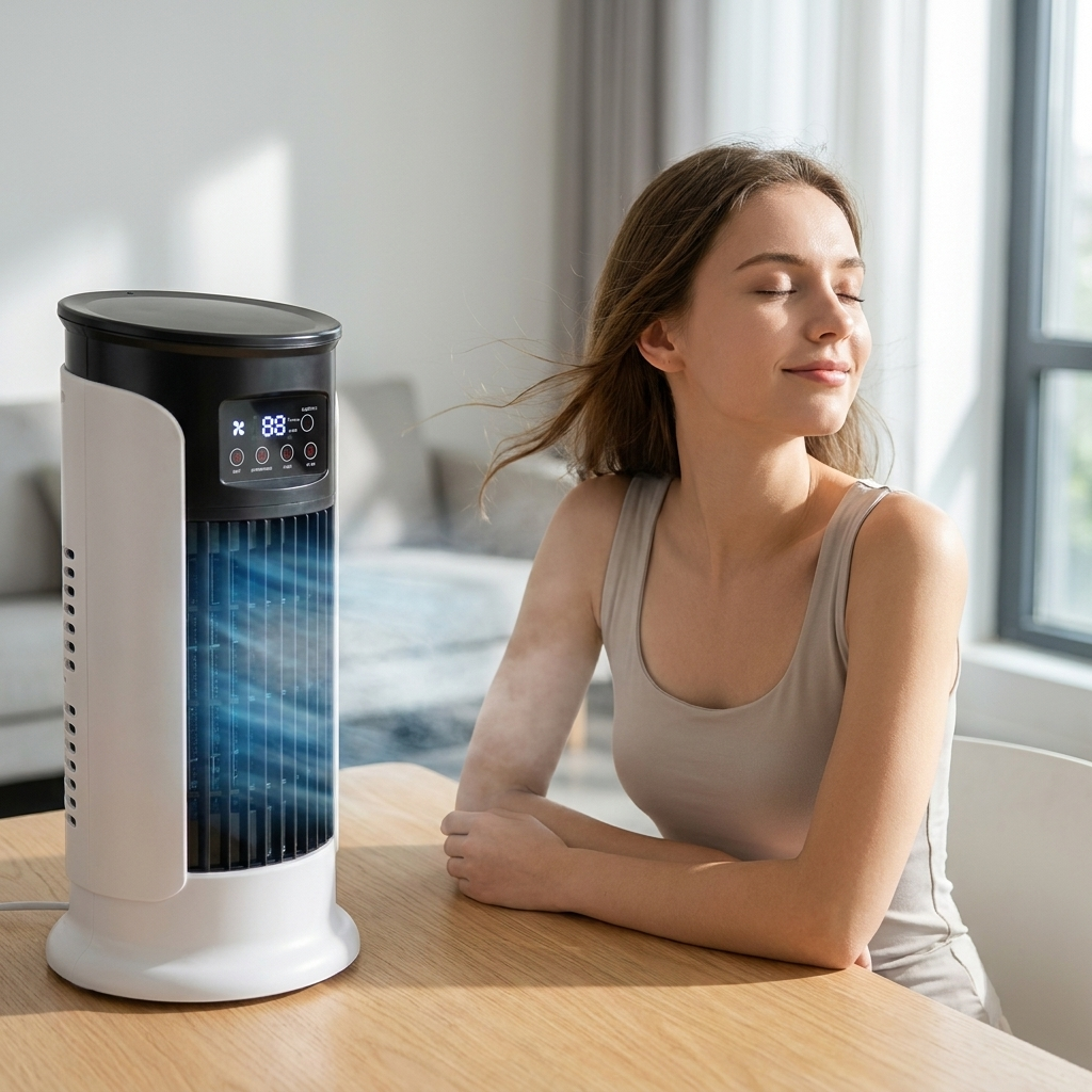 Brizzo fan cooling a young woman at home