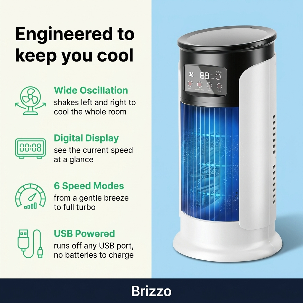 Brizzo TurboCool key features: oscillation, display, 6 speeds, USB powered