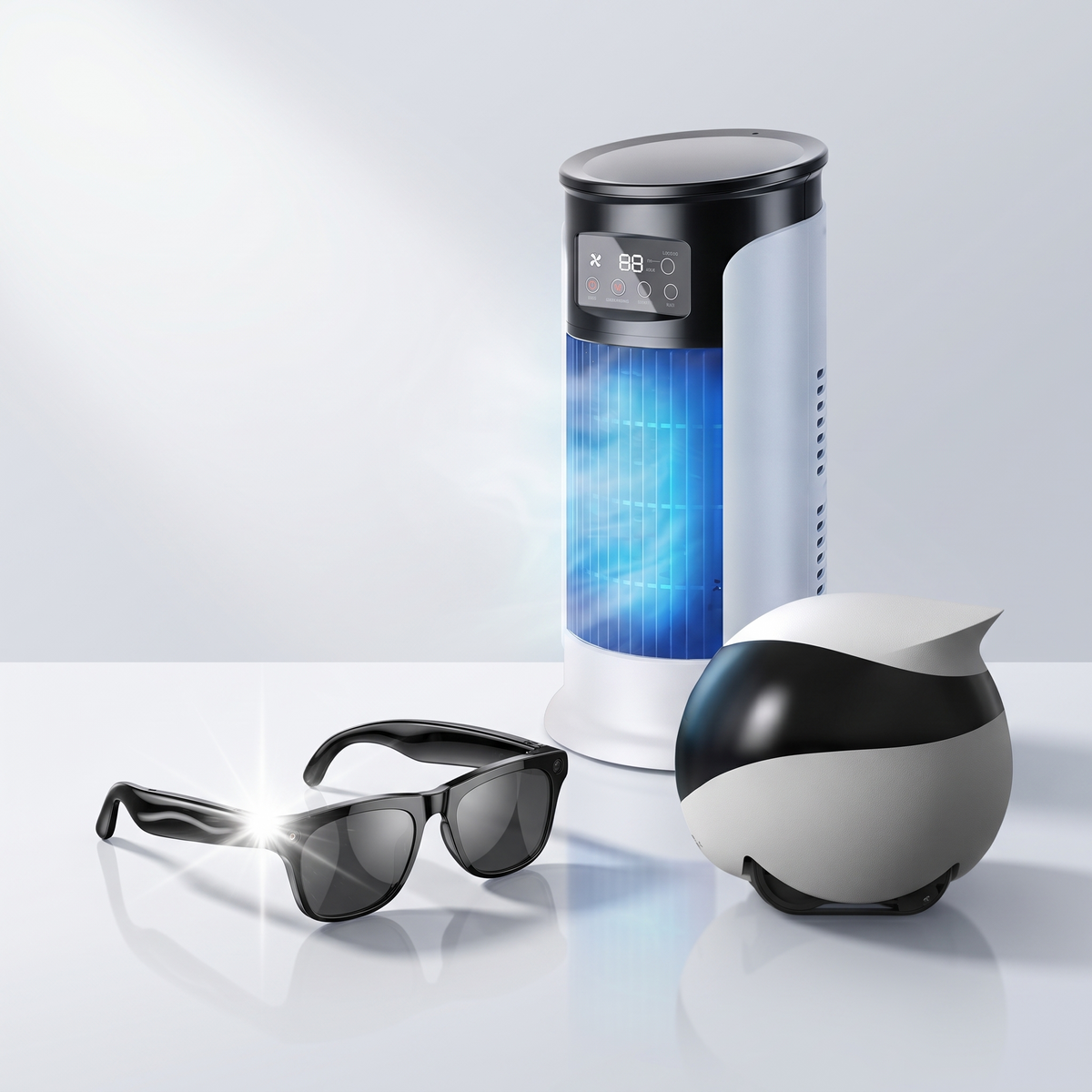 Brizzo premium electronics hero — fan, smart audio sunglasses and UV-C charging stand